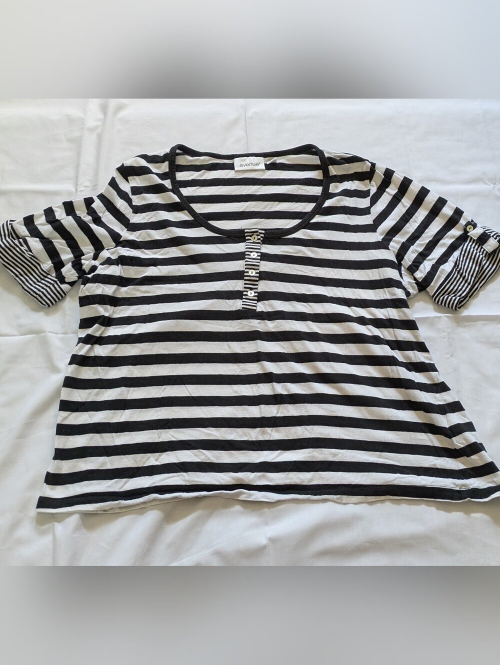 Striped Black White Cotton Short Sleeve Button Top Size 18/20